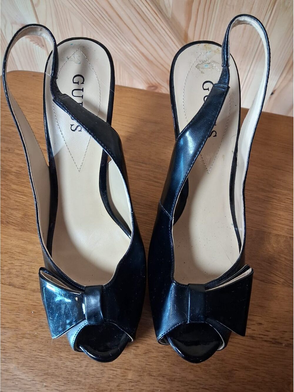Guess Black Patent Leather Peep Toe Slingback Heels with Bow Accent 8M